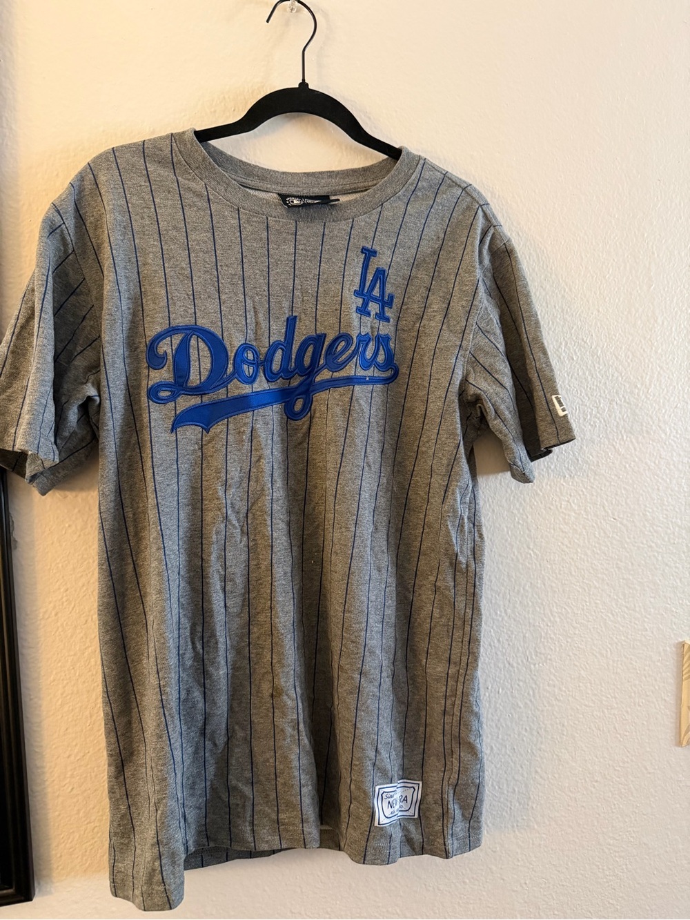 New Era Grey Pinstripe Dodgers Tee with Blue Logo